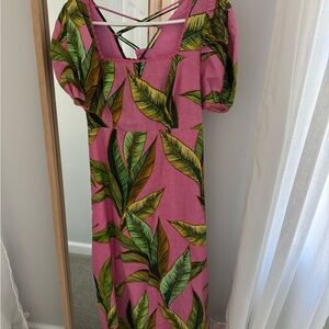 Farm Rio Leaf Print Midi Dress in Pink and Green